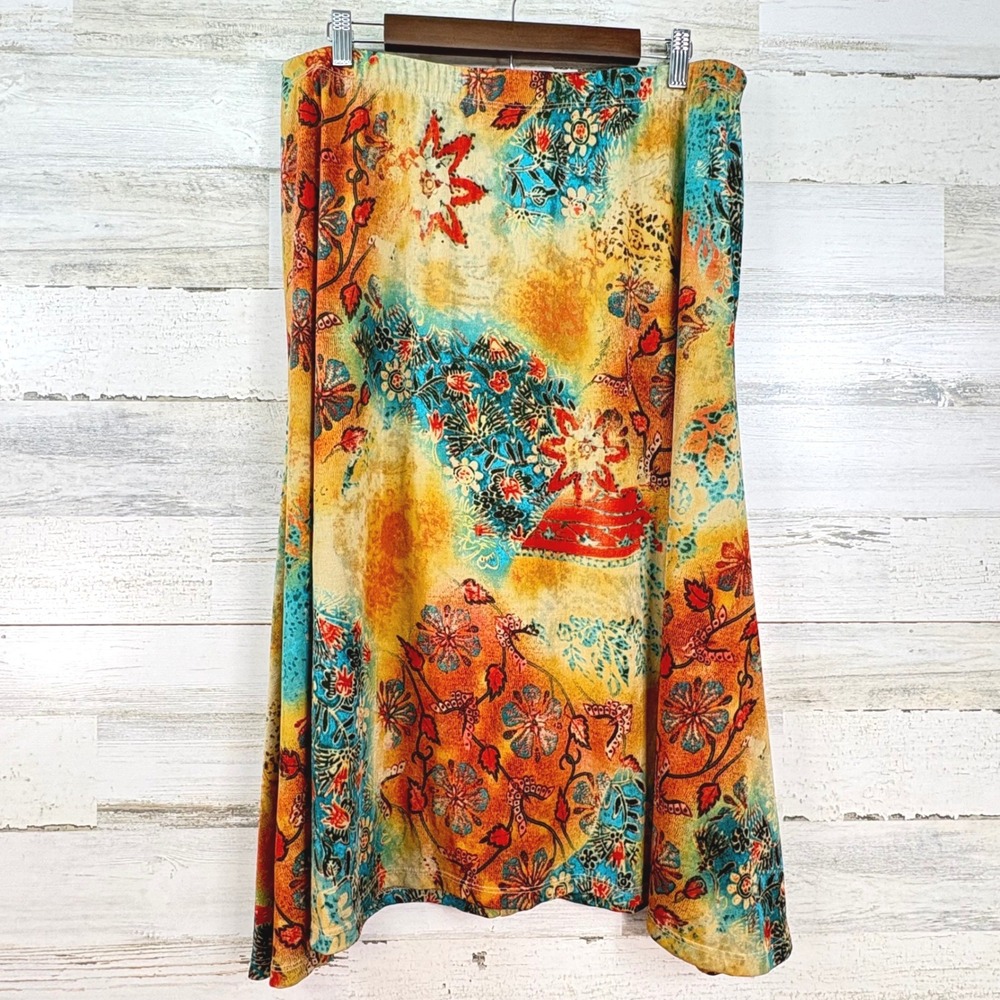 Coldwater Creek XL Midi Skirt Abstract Floral Paisley Boho Stretch Colorful